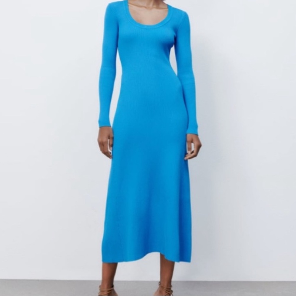 Zara rib knit long sleeve midi dress in aqua blue